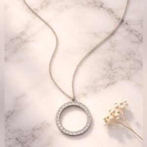 Signed MO 925 Sterling Pavé Diamond Eternity Circle Pendan 18" Necklace Like New